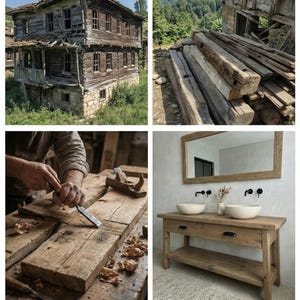 May include: A collage of images showcasing the transformation of century-old oak beams. Includes a weathered house, raw lumber, woodworking, and a finished oak bathroom vanity with two sinks and a mirror. The text reads: "SAMSUN / VEZIRKOPRU - DOYRAN VILLAGE, 1920s HOUSE."