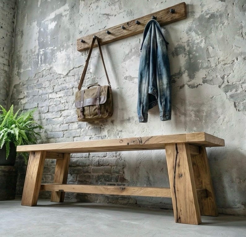 Reclaimed Oak Coat Rack with Wrought Iron Railroad Spike Hooks - Farmhouse Style image 7