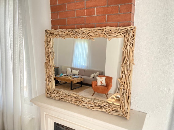 Espejo de pared único decoración estilo playa grande, marco de madera de  espejo de madera a