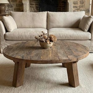 Reclaimed Barn Wood Coffee Table – Rustic Round Handmade Wabi Sabi Furniture image 2