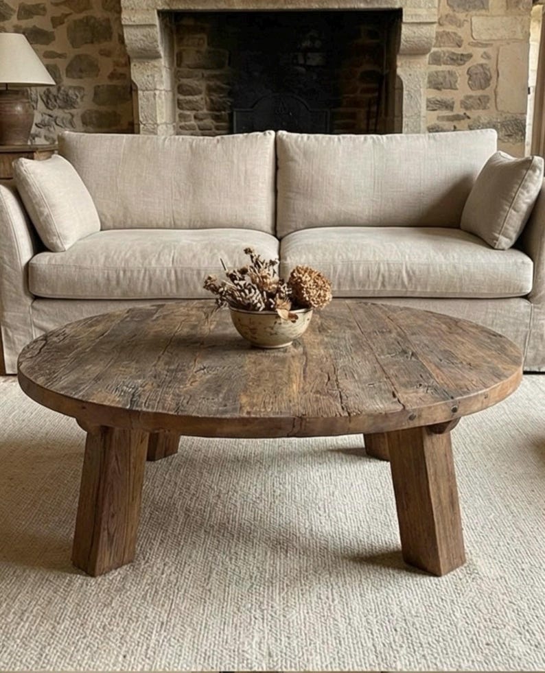 Reclaimed Barn Wood Coffee Table – Rustic Round Handmade Wabi Sabi Furniture image 2