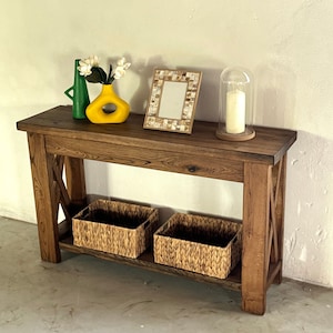 X Style Custom Console Table With Shelf, Reclaimed Oak Entryway Console ...