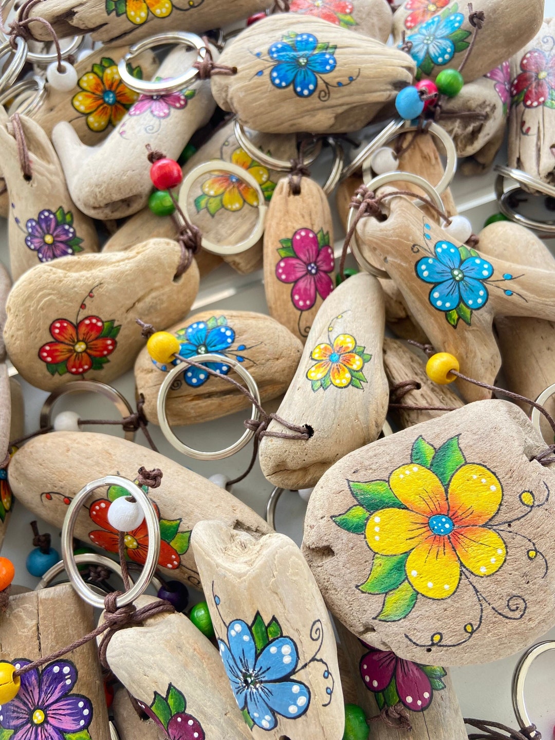 Flower Keychain Set of 9 Driftwood Key Chain Flower Painting Etsy