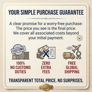 May include: A square sign with a cream background and dark blue text reading YOUR SIMPLE PURCHASE GUARANTEE. It features icons for customs, no extra fees, and global shipping, with the text 100% NO CUSTOMS DUTIES, ZERO EXTRA FEES, and FREE GLOBAL SHIPPING.