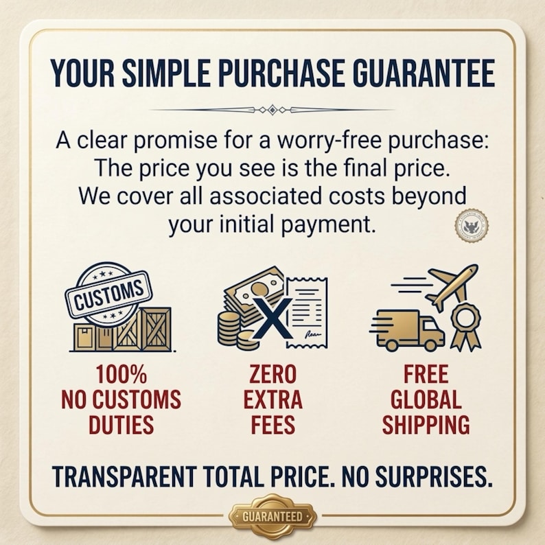 May include: A square sign with a cream background and dark blue text reading YOUR SIMPLE PURCHASE GUARANTEE. It features icons for customs, no extra fees, and global shipping, with the text 100% NO CUSTOMS DUTIES, ZERO EXTRA FEES, and FREE GLOBAL SHIPPING.