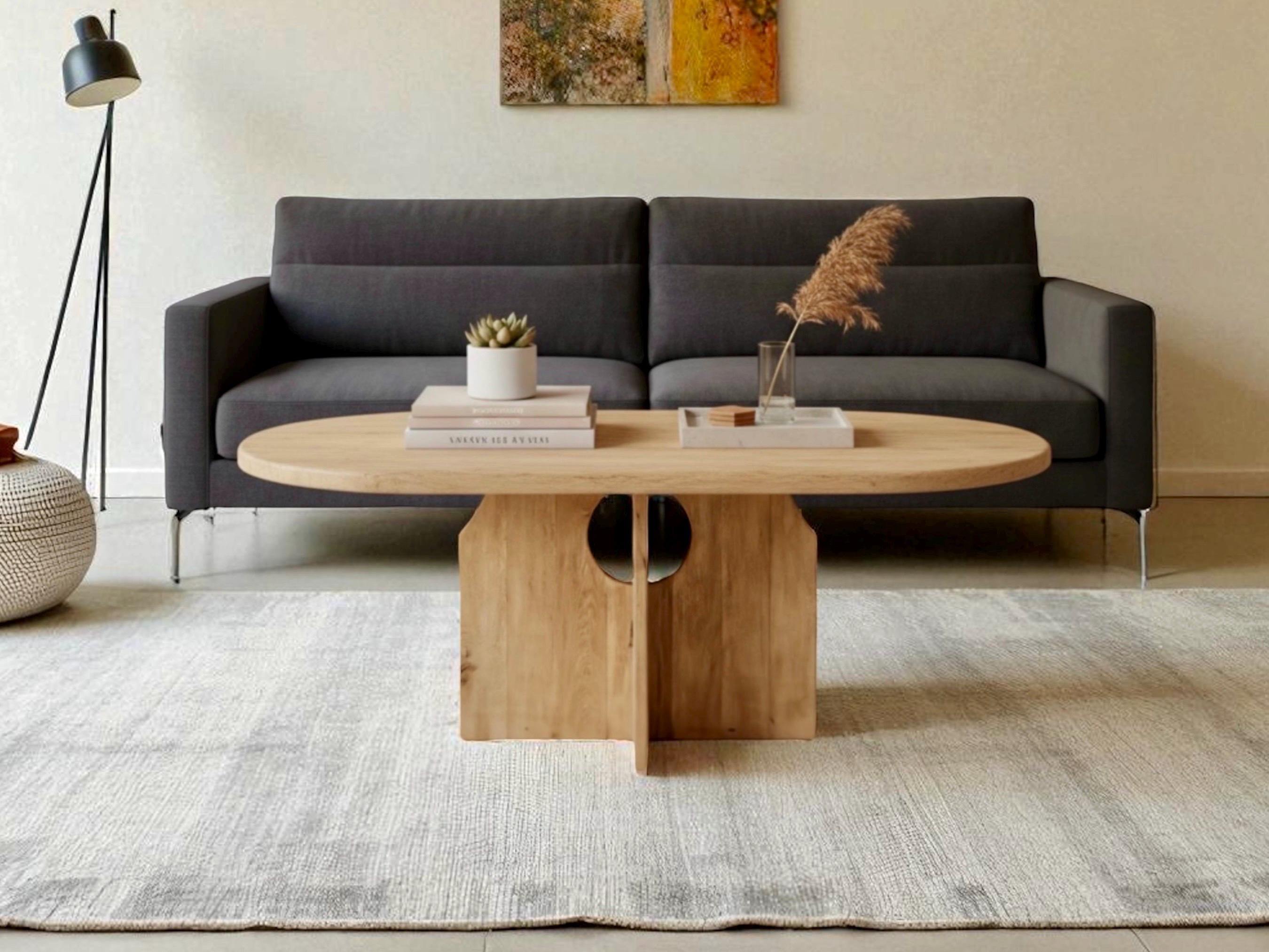 Minimal Modern Oval Coffee Table – Reclaimed Oak Center Table for