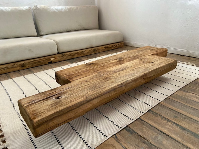 Barn Beam Coffee Table Reclaimed Wood, Low Wabi Sabi Wood Coffee Table, Rustic Japandi Furniture zdjęcie 8