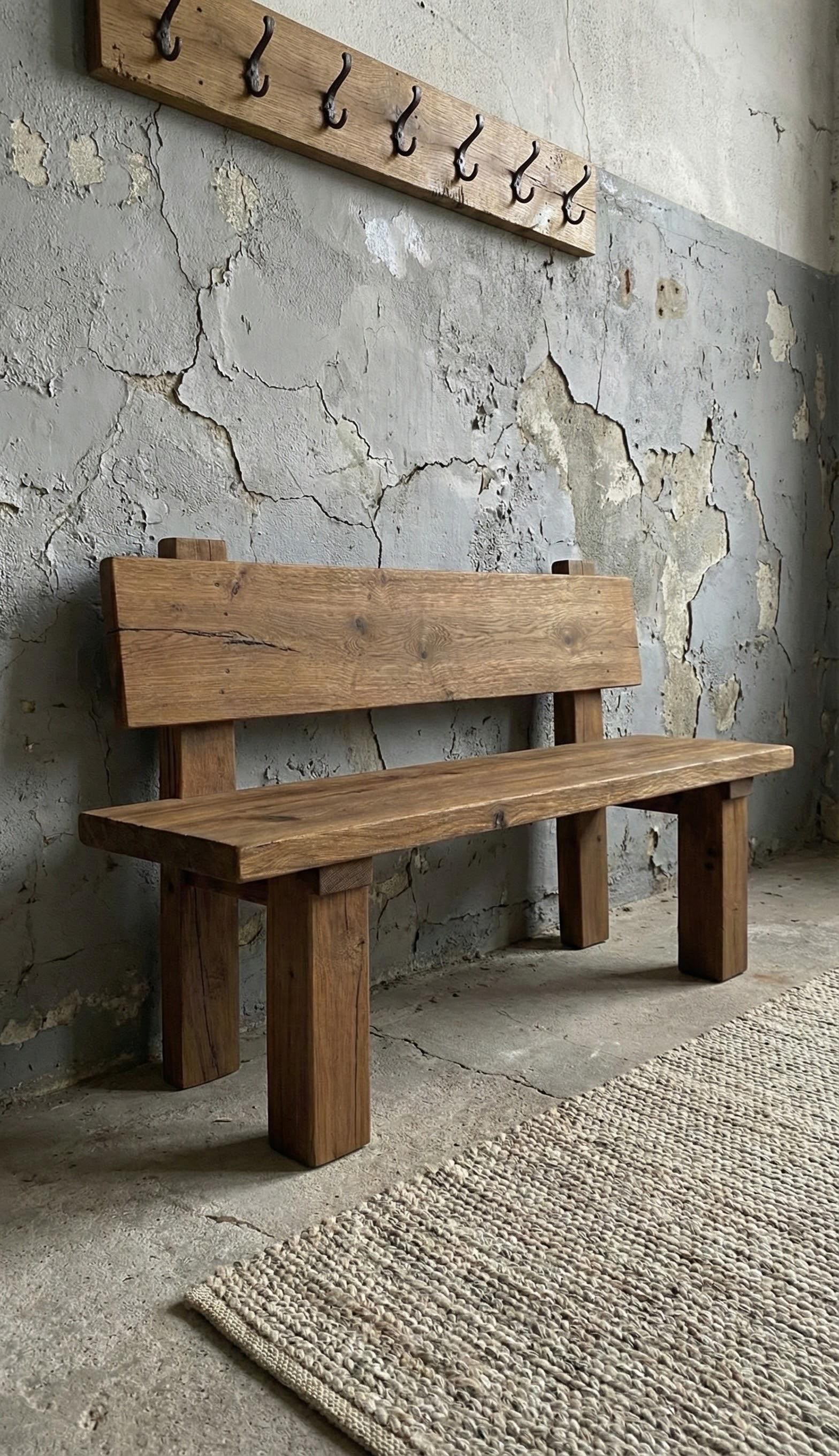 Rustic Oak Bench With Back – Handcrafted Japandi Entryway