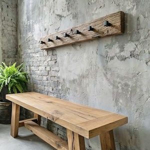 Reclaimed Oak Coat Rack with Wrought Iron Railroad Spike Hooks - Farmhouse Style image 4