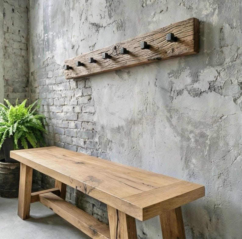 Reclaimed Oak Coat Rack with Wrought Iron Railroad Spike Hooks - Farmhouse Style image 4