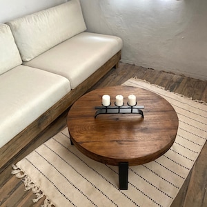Round Oak Coffee Table – Thick Solid Wood Top With Metal Cross Base - Etsy