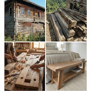 May include: A collage of images showing the transformation of oak beams from a 1920s house in Kastamonu's Ortez Village. The images show the house, beams, woodworking, and a handcrafted oak end-of-bed bench.