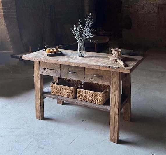 Rustic Wood Kitchen Island With Drawers Counter Height Kitchen Table Farmhouse Kitchen Island Wood Counter Height Table Reclaimed Wood Etsy