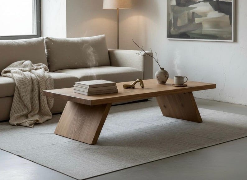 Puede incluir: Sal&oacute;n moderno con mesa de centro de madera clara con patas anguladas. La mesa tiene libros, un objeto decorativo, un jarr&oacute;n con una ramita y una taza. Un sof&aacute; beige, una alfombra y obras de arte completan la decoraci&oacute;n minimalista.
