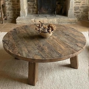 Reclaimed Barn Wood Coffee Table – Rustic Round Handmade Wabi Sabi Furniture image 17