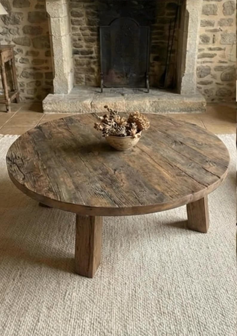 Reclaimed Barn Wood Coffee Table – Rustic Round Handmade Wabi Sabi Furniture image 17