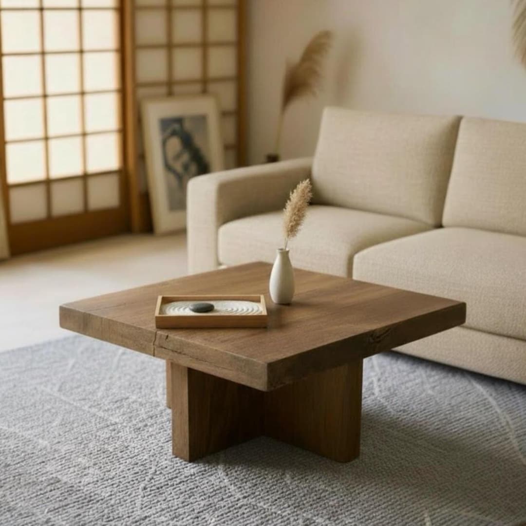 Wabi-sabi Japandi Oak Coffee Table – Thick Square Low Table for