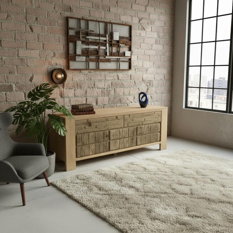 May include: A living room scene featuring a light-colored wooden cabinet with drawers and a textured front. A large, shaggy rug covers the floor. A brick wall and a large window are visible in the background. A gray armchair and a potted plant are in the foreground.
