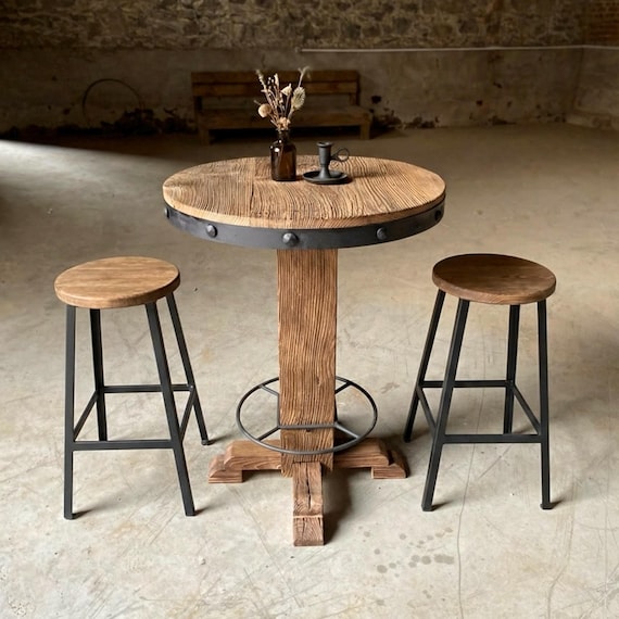Round Reclaimed Wood Pub Table – Rustic Bar Height Table for Farmhouse & Bistro Spaces