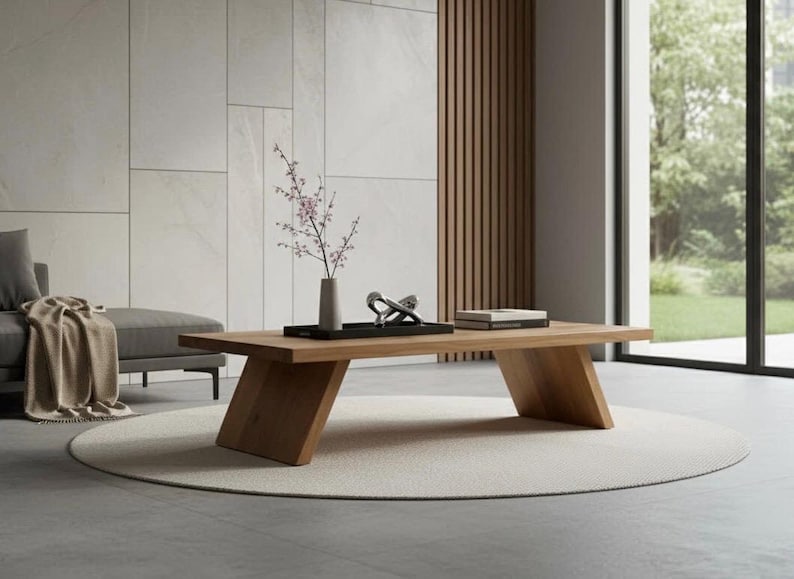 Puede incluir: Una mesa de centro de madera moderna con acabado natural. La mesa tiene un dise&ntilde;o de patas anguladas y est&aacute; colocada sobre una alfombra redonda de color claro. Un jarr&oacute;n con flores y objetos decorativos encima.