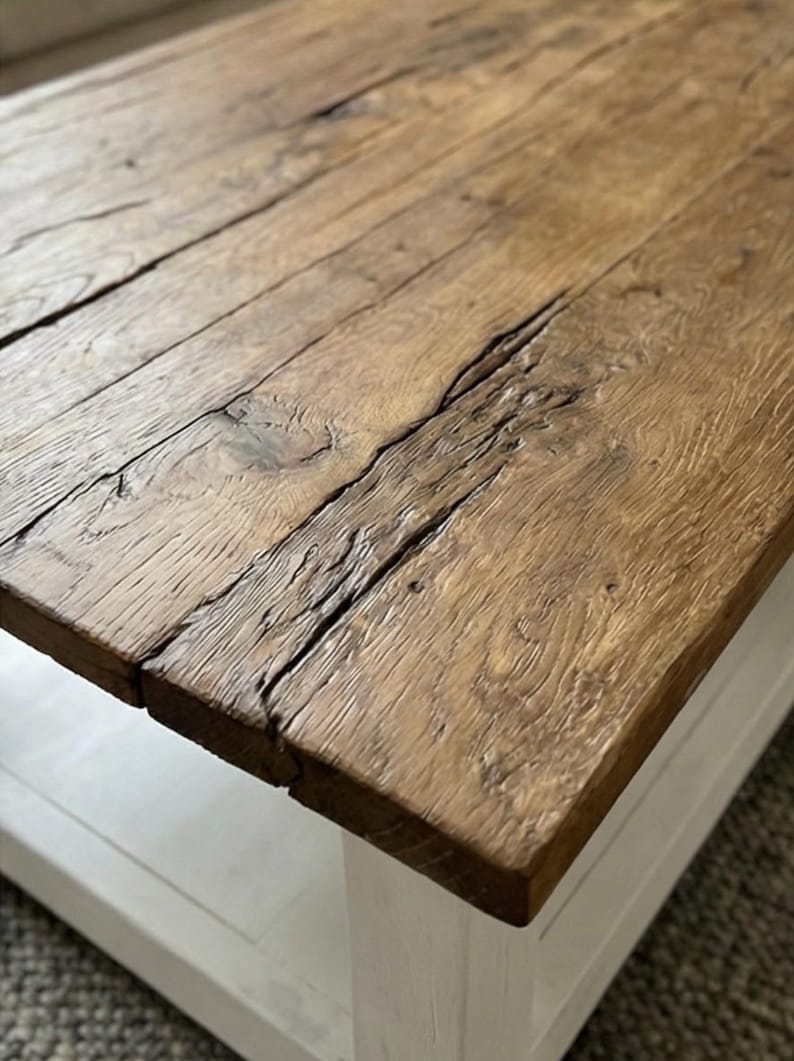 Rustic Reclaimed Oak Coffee Table, Handcrafted Solid Wood Table with Storage Shelf image 8