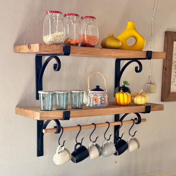 Reclaimed Oak Kitchen Shelf With Wrought Iron Brackets & Hooks - Etsy