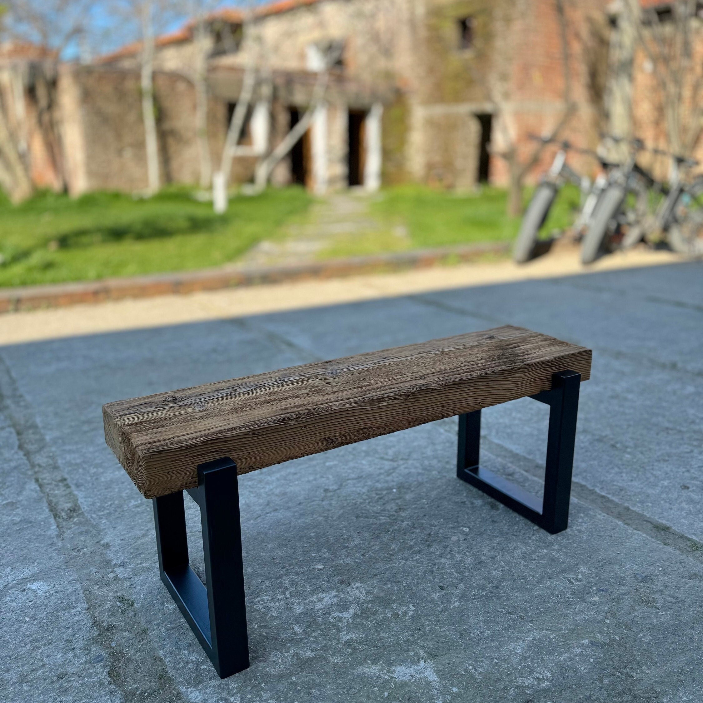 Reclaimed Pine Wood Bench Metal Legs Outdoor Wooden Garden Bench Beam Wood Bench Wood Patio Furniture Rustic Etsy