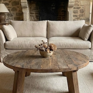 Reclaimed Barn Wood Coffee Table – Rustic Round Handmade Wabi Sabi Furniture image 19