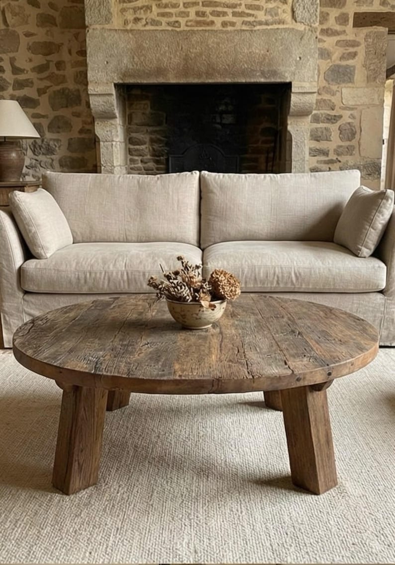 Reclaimed Barn Wood Coffee Table – Rustic Round Handmade Wabi Sabi Furniture image 19