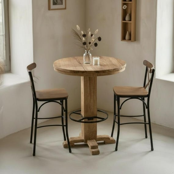 Reclaimed Oak Round High Top Table – Handmade Bar Height Kitchen