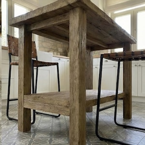 Reclaimed Oak Kitchen Island Table – Rustic Farmhouse Counter Height Table with Storage Shelf image 7