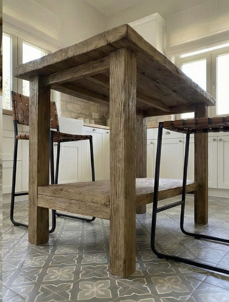 Reclaimed Oak Kitchen Island Table – Rustic Farmhouse Counter Height Table with Storage Shelf image 7