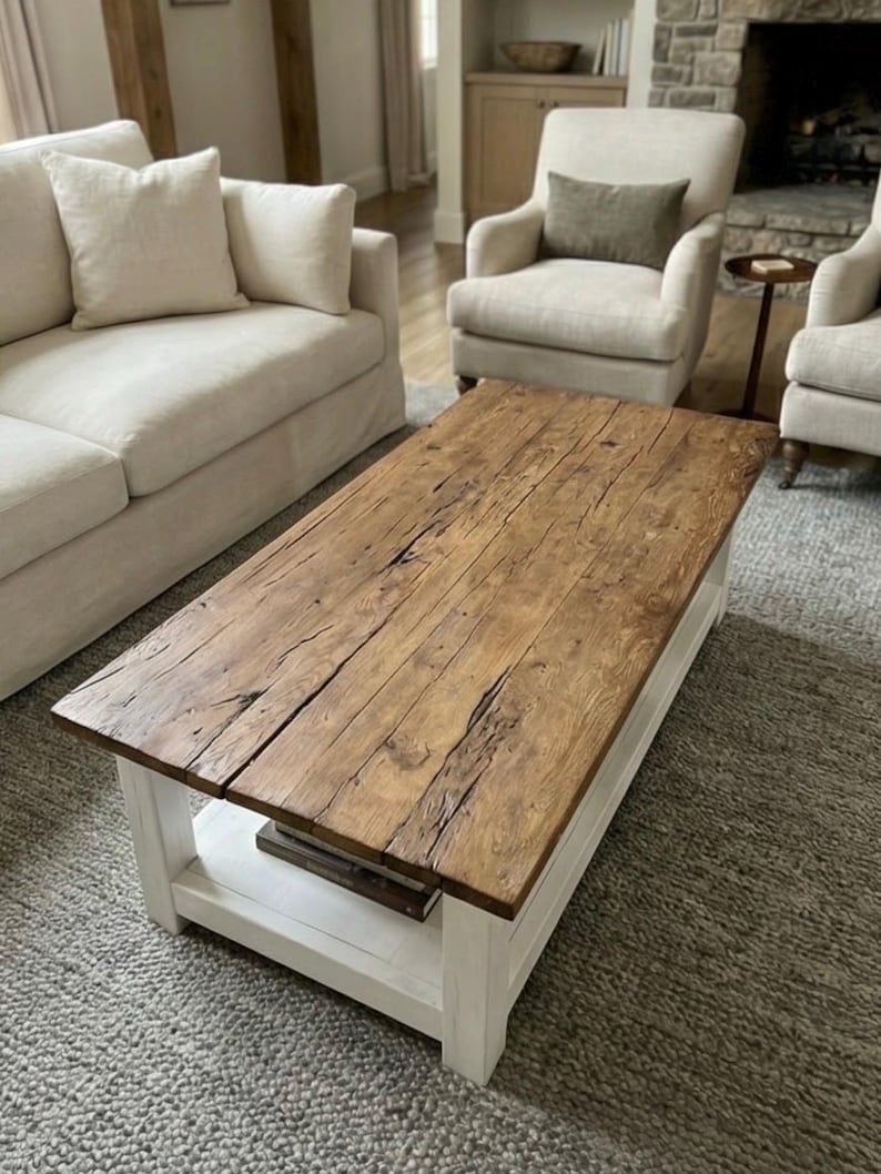 Rustic Reclaimed Oak Coffee Table, Handcrafted Solid Wood Table with Storage Shelf image 9