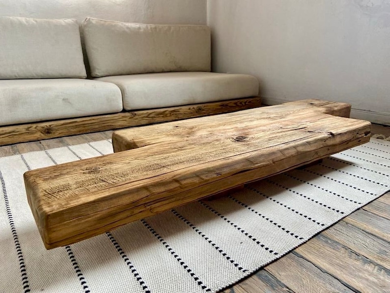 Barn Beam Coffee Table Reclaimed Wood, Low Wabi Sabi Wood Coffee Table, Rustic Japandi Furniture zdjęcie 2