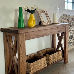 X Style Custom Console Table With Shelf, Reclaimed Oak Entryway Console ...