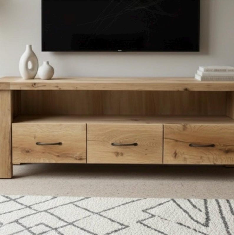 Handcrafted Solid Oak TV Stand – Rustic Farmhouse Media Console with Storage image 4