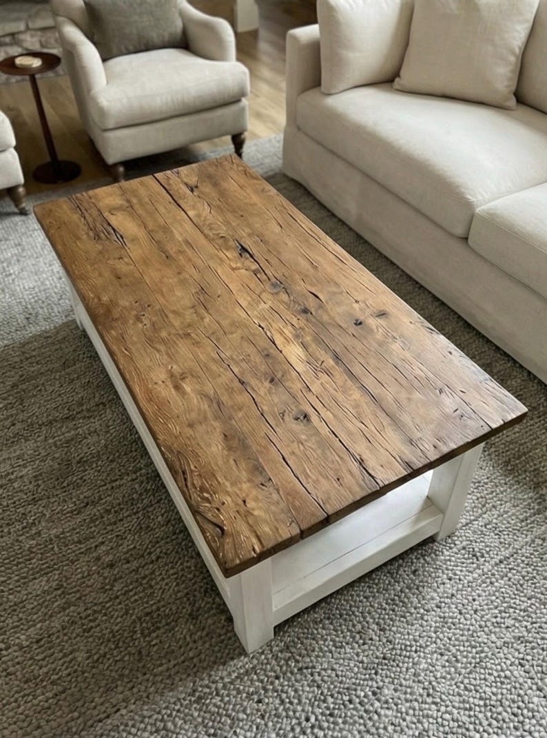 Rustic Reclaimed Oak Coffee Table, Handcrafted Solid Wood Table with Storage Shelf image 17