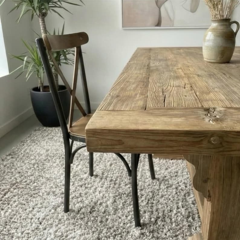 Handgjort matbord i återvunnet trä – Rustikt modernt köksbord med piedestal bild 6