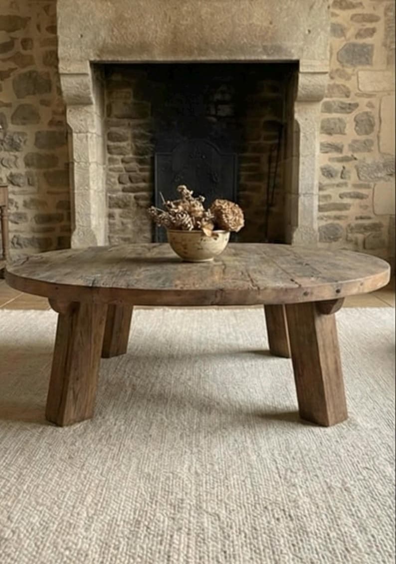 Reclaimed Barn Wood Coffee Table – Rustic Round Handmade Wabi Sabi Furniture image 18