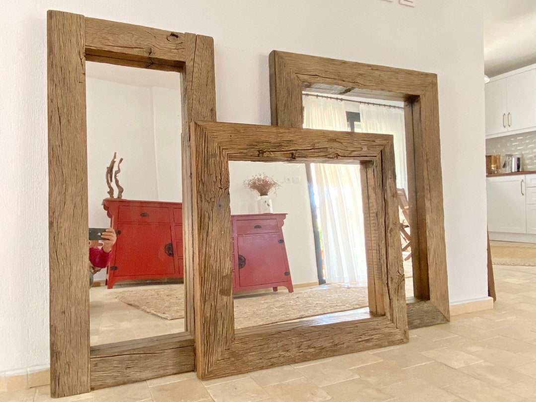 Large Floor Mirror Rustic Wood Decor, Oak Wood Framed Mirror Wall Art