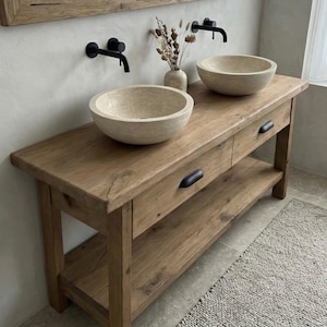 Solid Reclaimed Oak Double Sink Bathroom Vanity – Handcrafted Natural Finish Cabinet image 15