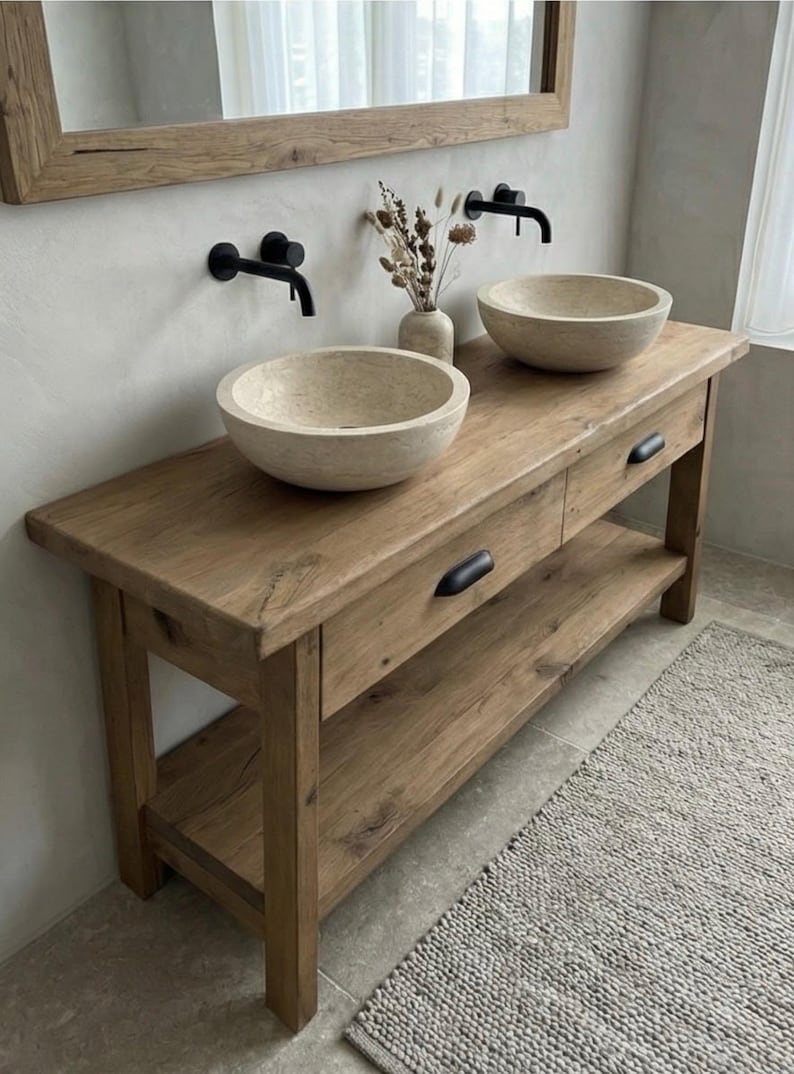 Solid Reclaimed Oak Double Sink Bathroom Vanity – Handcrafted Natural Finish Cabinet image 15