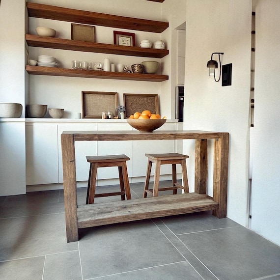 100 Year Old Oak Narrow Kitchen Island – Rustic Farmhouse Long Counter Table