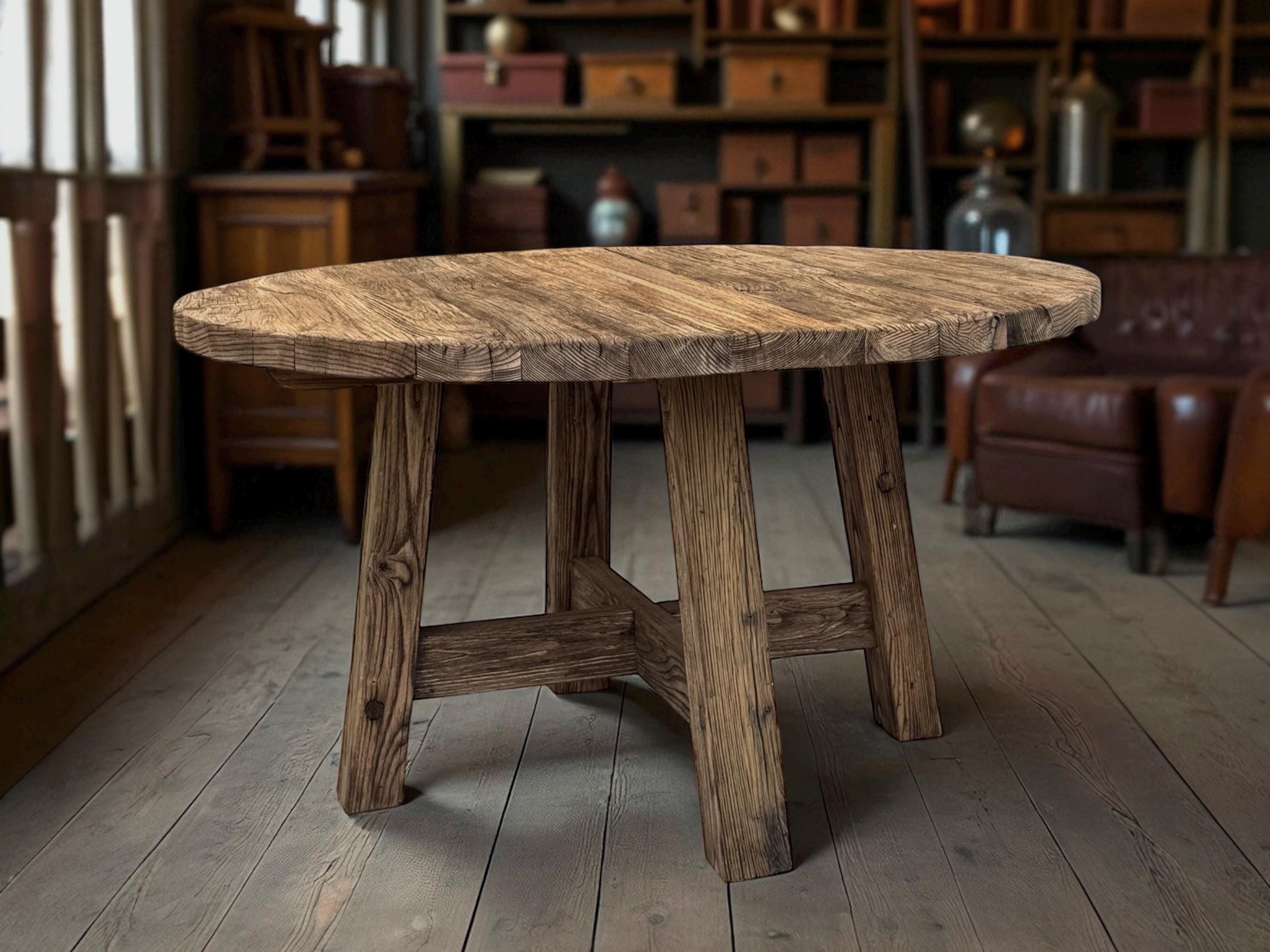 Rustic Reclaimed Round Dining Table - Farmhouse Style Wooden Kitchen Furniture Antique