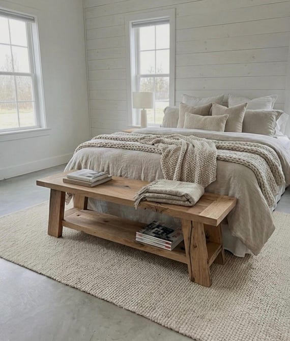 Handcrafted Reclaimed Oak End of Bed Bench, Modern Rustic Bedroom Storage Furniture