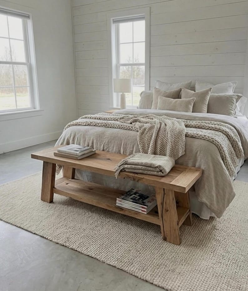 Handcrafted Reclaimed Oak End of Bed Bench, Modern Rustic Bedroom Storage Furniture image 1