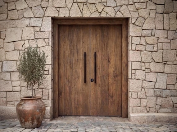 Mediterranean Double Front Door with Frame, Reclaimed Chestnut Wood Entry Door Set