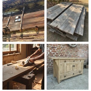 May include: A collage of images showcasing the restoration of a century-old oak house from Sinop Emirhalil Village. Includes images of the house, wooden planks, woodworking, and a finished sideboard.