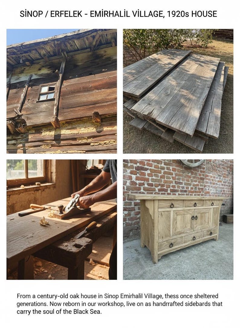May include: A collage of images showcasing the restoration of a century-old oak house from Sinop Emirhalil Village. Includes images of the house, wooden planks, woodworking, and a finished sideboard.