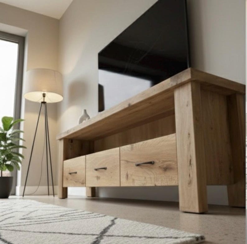 Handcrafted Solid Oak TV Stand – Rustic Farmhouse Media Console with Storage image 2
